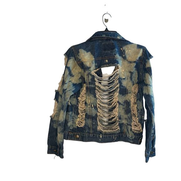 DAZL Distressed Shredded Denim Jean Jacket Patches Size XL Star Lips Girl Gang - Picture 2 of 10